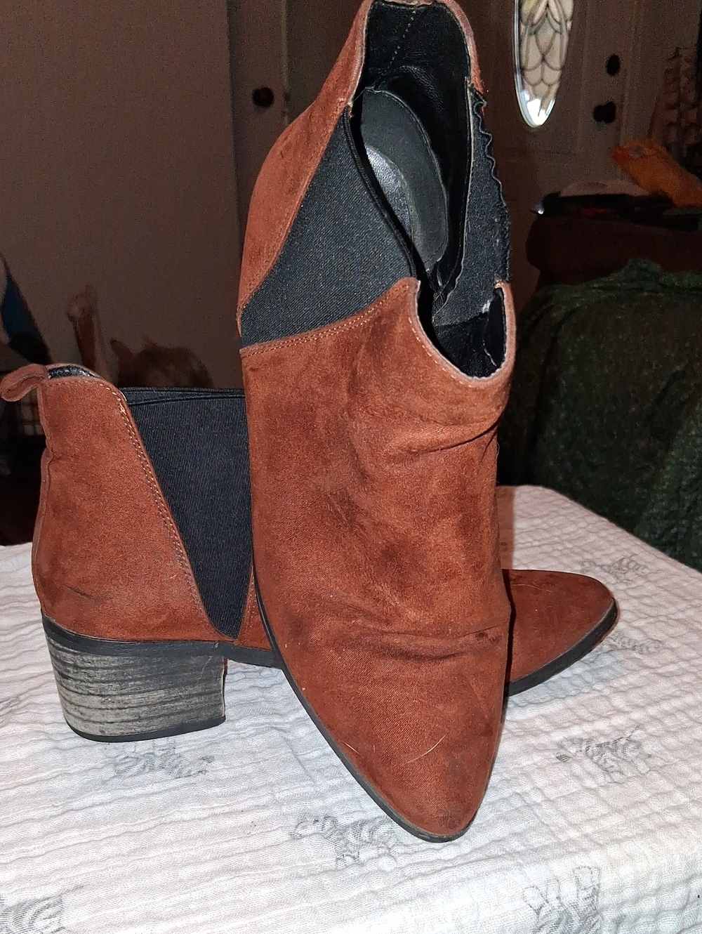 Women's Chestnut Suede Pointed Ankle Booties with Low Block Heel